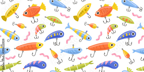 Colorful fish lure seamless pattern. Summer background design. Vacation travel concept. Fishing activity bait cartoon backdrop illustration.