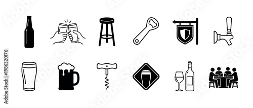Comprehensive collection of black and white bar and pub icons, featuring various drinkware, tools, and social scenes, rendered in a clean, minimalist line art style