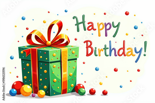 Green gift box with red and gold ribbon, colorful balls, and multicolored text on cream background with confetti.