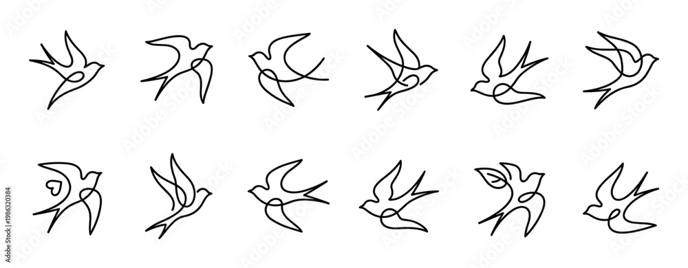 Fototapeta premium Twelve elegant continuous line art flying birds are gracefully depicted in various dynamic poses, showcasing a minimalist and artistic black outline illustration style