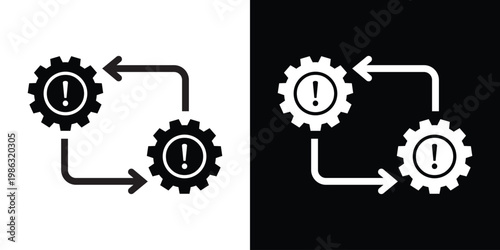 Large gears with exclamation marks and directional flow arrows. Icon depicting problem solving, system warning, technical optimization, risk management, and troubleshooting workflow.
