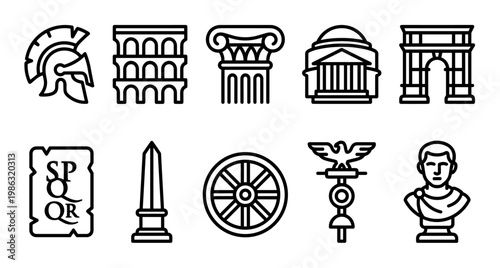 Collection of ten distinct ancient Roman icons, presented as minimalist black outline vector illustrations with a clean, modern aesthetic