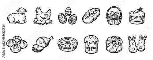 Collection of hand-drawn Easter and food illustrations featuring a lamb, hen, decorated eggs, various breads, a basket, cake, ham, and pie in a charming doodle style