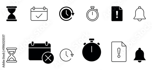 Various time management and notification icons are displayed in both outline and solid black styles, representing concepts like scheduling, deadlines, and alerts