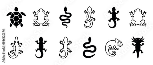 Diverse collection of reptile and amphibian icons, featuring turtles, frogs, snakes, lizards, geckos, chameleons, and an axolotl, presented as simple black and white illustrations