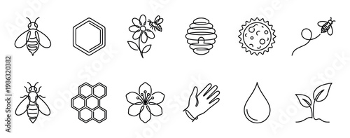 Diverse collection of black outline bee and honey themed icons, showcasing various elements of beekeeping and nature in a minimalist, illustrative style