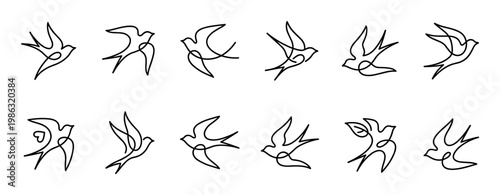 Twelve elegant continuous line art flying birds are gracefully depicted in various dynamic poses, showcasing a minimalist and artistic black outline illustration style
