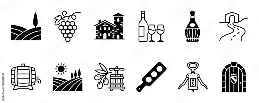 Obraz premium This collection of black and white icons depicts various elements of winemaking, vineyards, and Italian culture, including grapes, bottles, barrels, and scenic landscapes