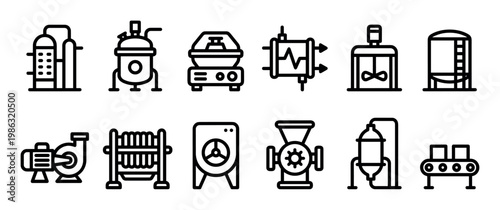 Twelve black outline industrial processing equipment icons are neatly arranged in two rows, depicting various machinery like tanks, pumps, and filters with a clean, modern design