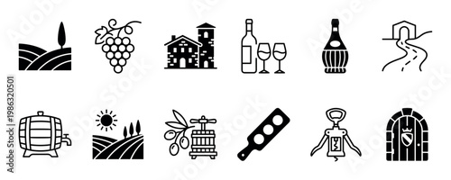 This collection of black and white icons depicts various elements of winemaking, vineyards, and Italian culture, including grapes, bottles, barrels, and scenic landscapes