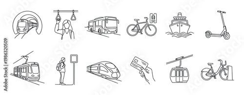 Various black line art transportation icons illustrate diverse urban mobility options, including trains, buses, bikes, scooters, and payment methods, rendered in a clean, minimalist style