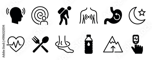 Diverse collection of black and white line icons illustrating various health, lifestyle, and wellness concepts, presented in a clean, modern, and easily recognizable graphic style