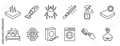 Twelve distinct line art icons illustrating allergy prevention and home hygiene practices, including cleaning, air purification, and pest control, presented in a clear, minimal style