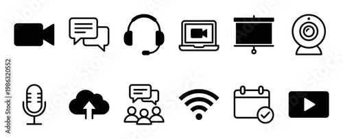 Comprehensive set of digital communication icons for online meetings, video conferencing, and virtual collaboration, presented in a clean, modern, flat style
