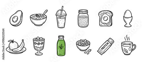 Various hand-drawn healthy breakfast and snack items are neatly arranged, showcasing a fresh and nutritious collection of food and drinks in a cheerful doodle style