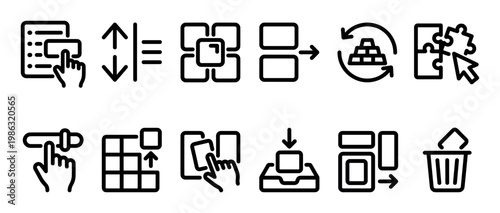 Comprehensive collection of black outline UI/UX icons illustrating digital actions like sorting, merging, organizing, deleting, and interacting with data elements