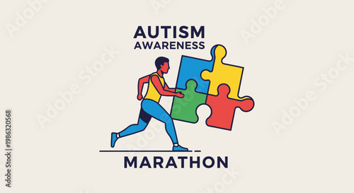 Autism Awareness Marathon: A Running Illustration Portraying Community Support And Puzzle Pieces