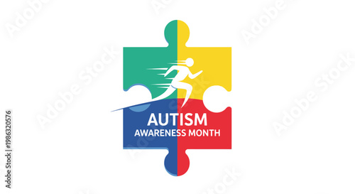 Autism Awareness Puzzle Piece With Running Figure and Vivid Colors Illustration