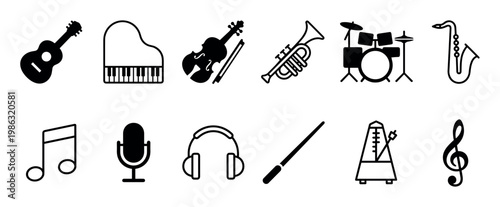 Comprehensive collection of black musical instrument icons and music symbols presented in a clean, minimalist graphic style, perfect for illustrating various aspects of sound and performance