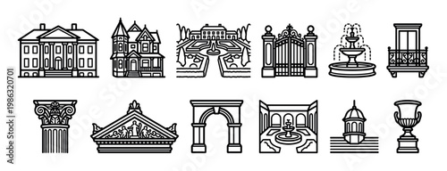 Twelve elegant black outline architectural and garden icons depict classical and historical structures, featuring grand houses, ornate gates, fountains, columns, and urns in a minimalist style