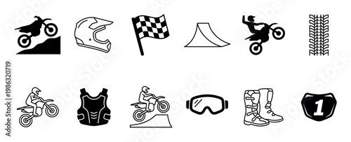 Collection of black and white motocross icons depicting various elements of the sport, including bikes, riders, gear, and track features, presented in a clean, graphic style