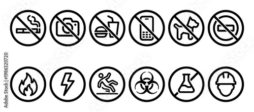 Comprehensive collection of black and white line art safety and prohibition icons are displayed in a clear, organized grid, featuring universal symbols for various warnings and restrictions