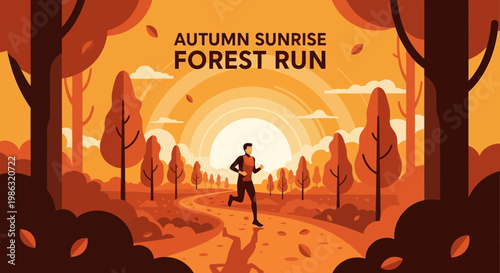 Autumn Forest Running Silhouette During Sunrise With Bright Orange Hues Illustration