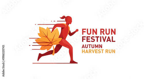 Autumn Fun Run Festival Emblem Featuring a Silhouetted Athlete and a Vibrant Maple Leaf