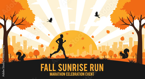 Autumn Marathon Event: Sunrise Silhouette, Runner and Squirrels Under A Golden Sky