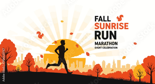 Autumn Marathon Event Graphic Illustrating Sunrise Run Featuring Squirrels And Fall Foliage