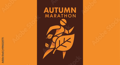 Autumn Marathon Logo With Runner Silhouette And Leaf Elements On Orange Background