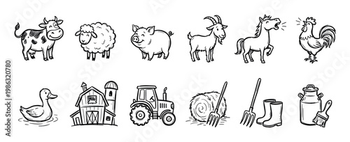 Charming collection of hand-drawn farm animals and equipment, including cow, sheep, pig, goat, horse, rooster, duck, barn, tractor, hay bale, pitchfork, boots, and milk can, in a playful sketch style