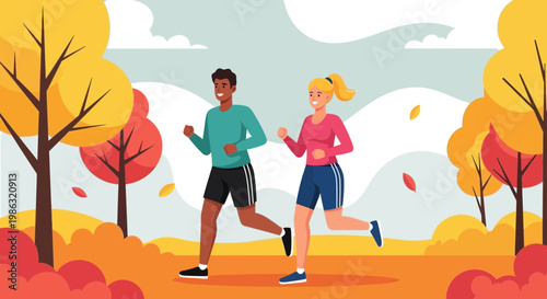 Autumn Run: Dynamic Duo Exercise In A Park With Vibrant Fall Foliage Display