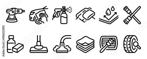 Comprehensive collection of car detailing service icons, featuring various tools and processes for professional vehicle cleaning and maintenance, depicted in a clean, modern line art style