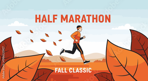 Autumn Run: Dynamic Illustration of a Runner in the Scenic Route of a Half Marathon