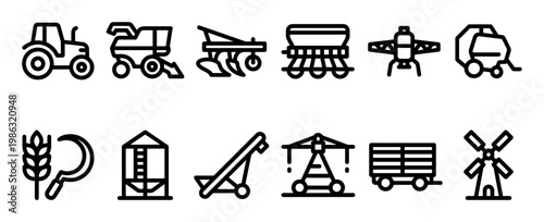 Collection of black outline agriculture icons representing various farming machinery, tools, and structures, presented in a clean, modern, and easily recognizable graphic style