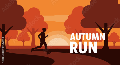 Autumn Run In A Park During Sunset Silhouette Vector Illustration