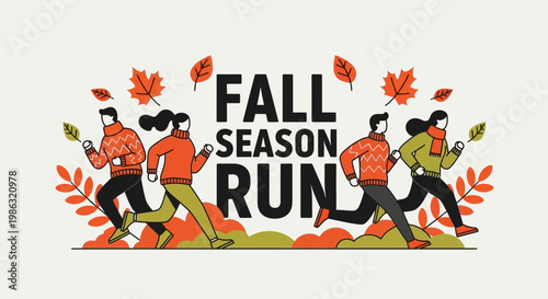 Autumn Run: People Jogging During Fall Season, Illustrative Design with Leaves