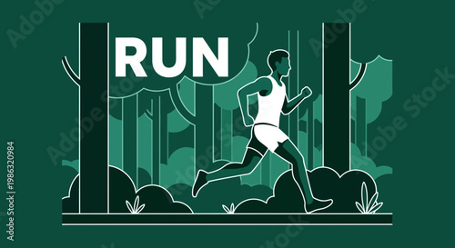 Athletic Runner in Forest Environment with Word Run