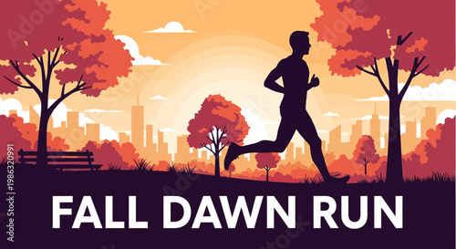 Autumn Runner in Park Silhouette Against Cityscape During Golden Dawn Morning Exercise