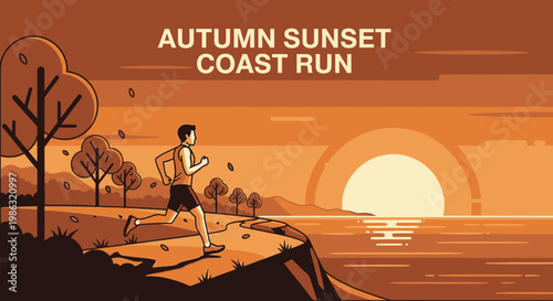 Autumn Runner Coastline Sunset Scenario Vector Illustration, Scenic Silhouette of a Man Running