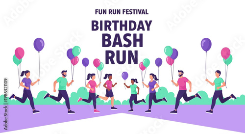 Birthday Bash Fun Run Festival With Colorful Balloons People Running
