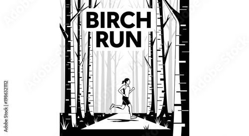 Birch Run: A Runner's Journey Through the Forest Depicted in Striking Monochrome