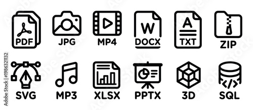 Twelve black outline file format icons are neatly arranged in a grid, representing various digital document, media, and data types with their abbreviations