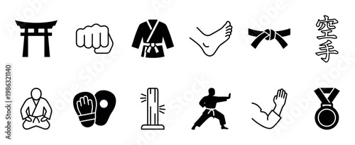 Comprehensive collection of black and white Karate icons, featuring a gi, black belt, punching mitts, makiwara, and various martial arts poses, rendered in a clean, minimalist style