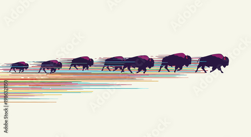 Bison Herd Running Across Colorful Streaks Depicting Movement and Forward Motion