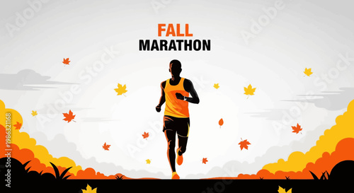 Autumnal Marathon Runner in a Scenic Landscape Amidst Brightly Colored Fall Foliage Illustration
