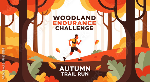 Autumnal Woodland Endurance Challenge Illustration Featuring a Trail Runner In Vivid Colors