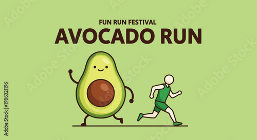 Avocado Run Event Poster: A Fun Illustration of a Running Avocado and Athlete Celebrating Fitness