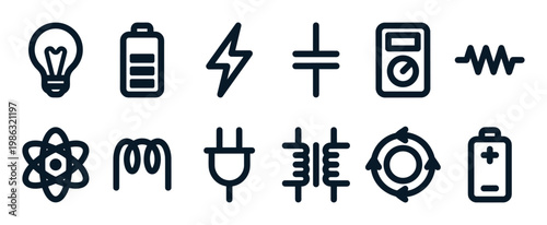 Various electrical and energy-related outline icons are neatly arranged in two rows, showcasing common symbols for power, science, and technology in a clean, modern graphic style